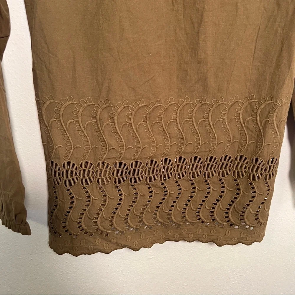 J. Crew Women's Sz 0 Delaney Eyelet-Trim Shirt Spiced Olive Green Tan Collarless